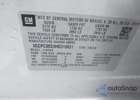 2017 Chevrolet Silverado 1500 1Lz from USA, damaged, VIN 3GCPCSEC9HG319831